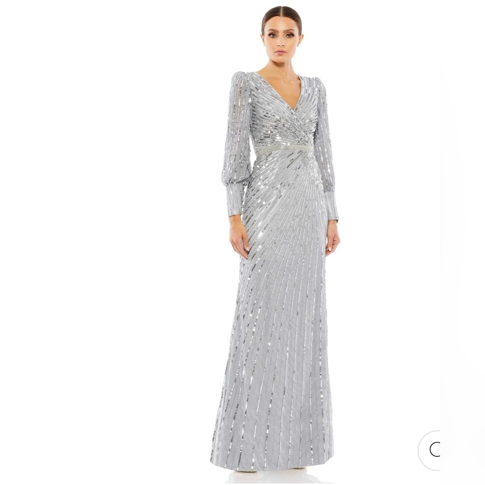 Mac Duggal SEQUINED WRAP OVER BISHOP SLEEVE GOWN Color Silver Size 8